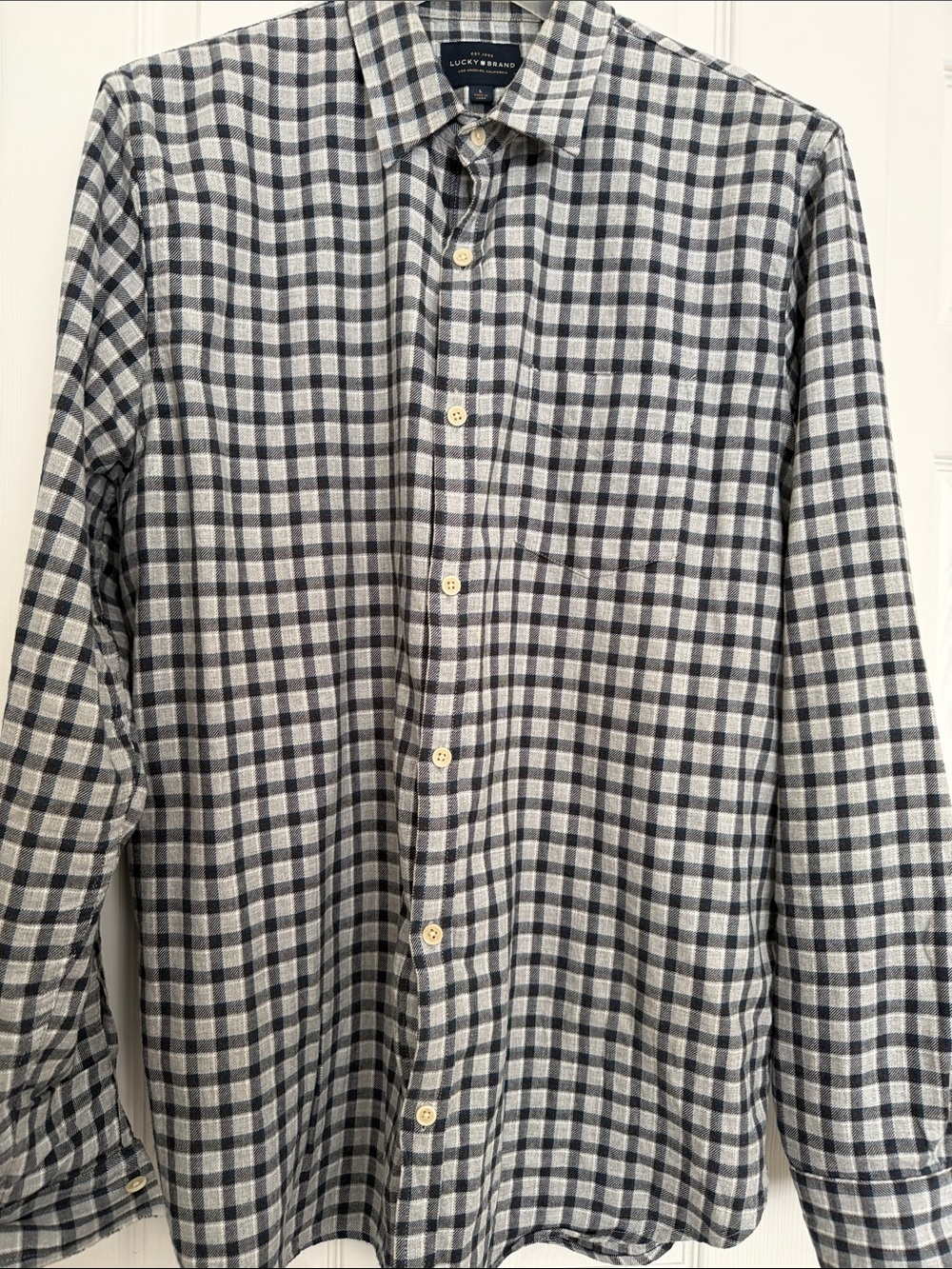 Lucky Brand Men's Navy and White Plaid Flannel Button-Down Shirt